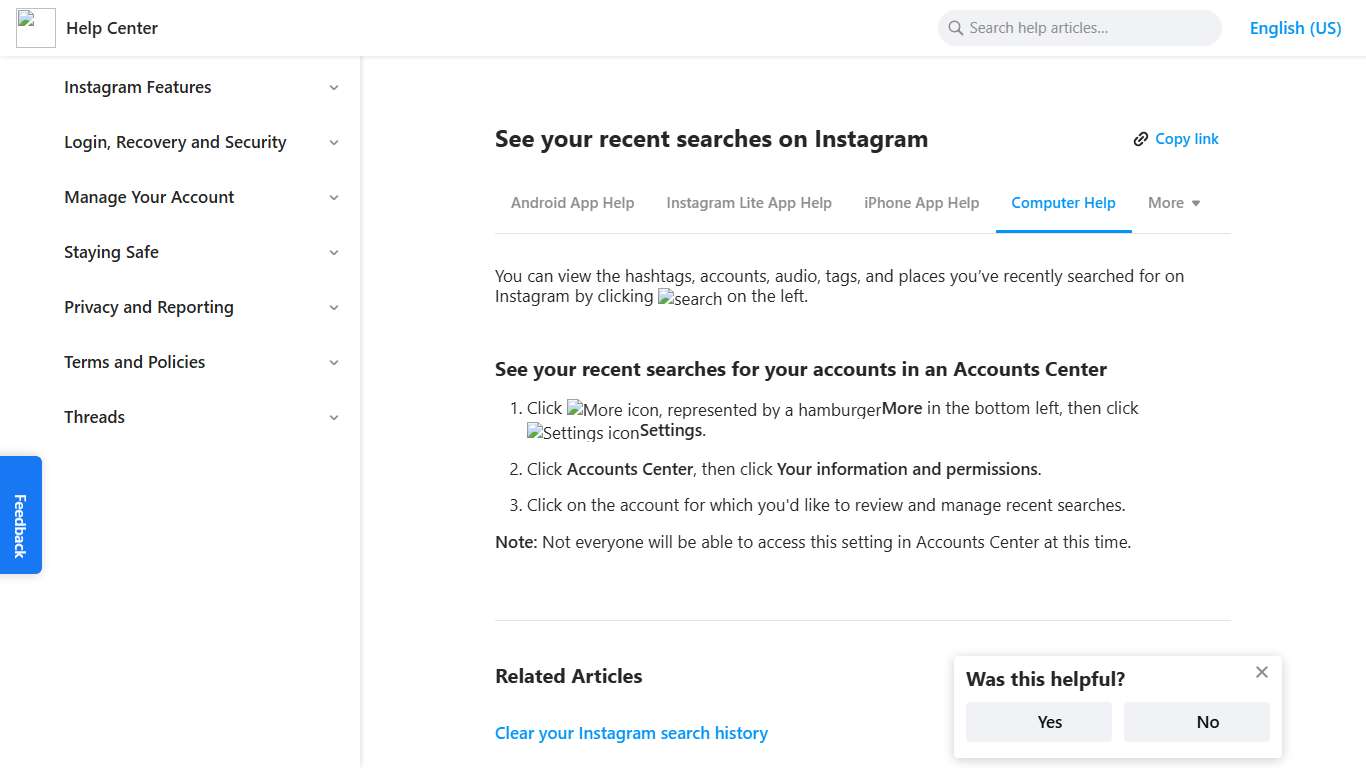 See your recent searches on Instagram | Instagram Help Center